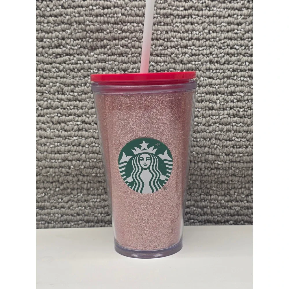 Starbucks 2014 Pink Glitter Cold Cup‎ Tumbler 16oz Grande Red Lid and Straw
